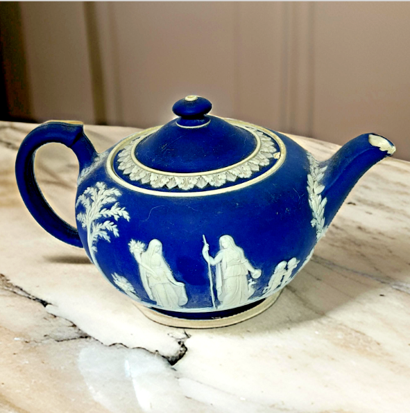 Antique Large Wedgwood Blue Jasperwar Teapot Damage See Pics