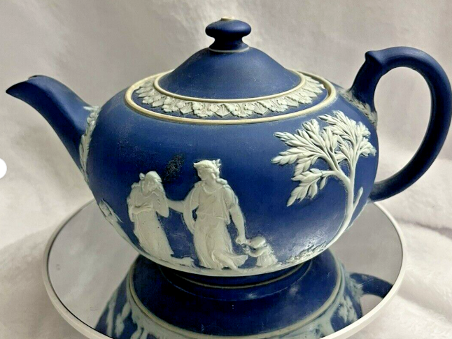 Antique Large Wedgwood Blue Jasperwar Teapot Damage See Pics