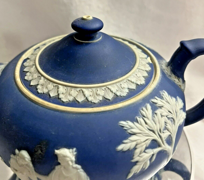 Antique Large Wedgwood Blue Jasperwar Teapot Damage See Pics