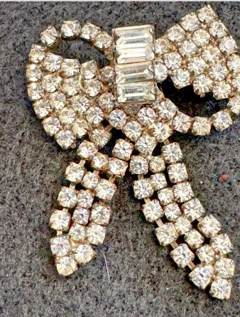 Rhinestone Brooch  Bow Vintage Clear Stones 1.75 Inches