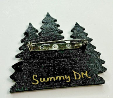 Brooch- enamel snow scene snowman house  signed Summy DM  2.5 inches