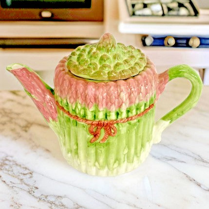 Teapot Ceramic Green & Pink Asparagus Farmhouse Decor 1991 Vintage CBD LTD