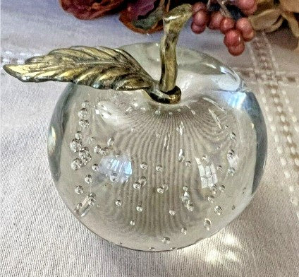 Vintage Apple Paperweight Art Glass Controlled Bubbles Brass Stem And Leaf