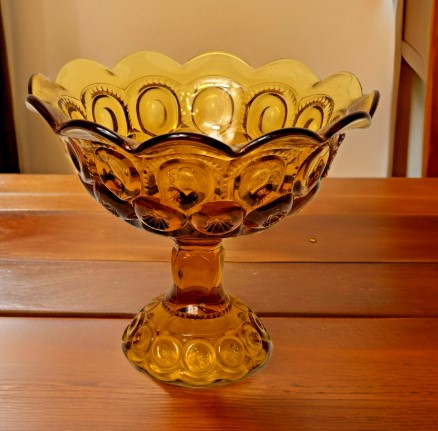 Vintage LE Smith Glass Amber Moon & Stars Scalloped Pedestal Candy Dish Compote