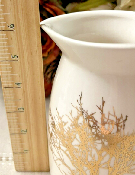 White Pitcher With Gold Leaf Tree 6 Inches Ceramic