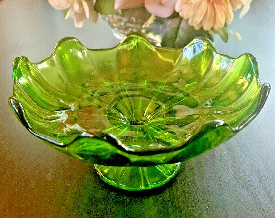 Vintage Viking Green Glass Small Pedestal Bowl MCM New Martinsville Pattern