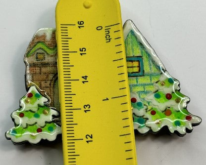 Brooch Enamel christmas  house  and trees  1.5 inches signed