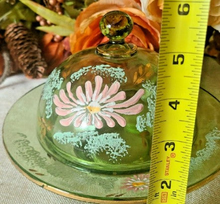 Hand painted Glass Dish With Lid  Green  6 Inches tall