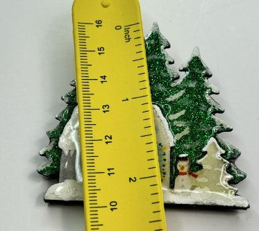 Brooch- enamel snow scene snowman house  signed Summy DM  2.5 inches