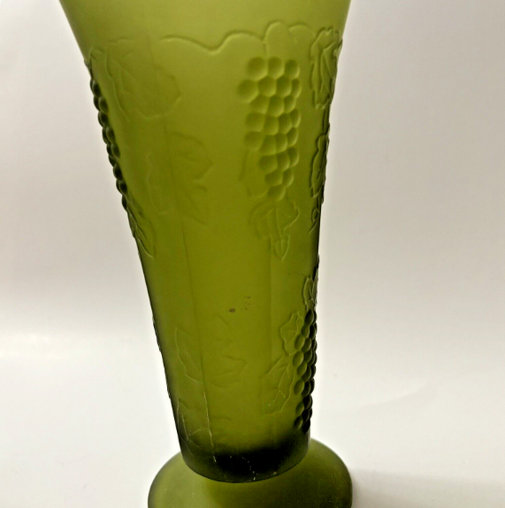 Vintage Green Glass Pedestal Vase with Grape Vines  7.5 inches