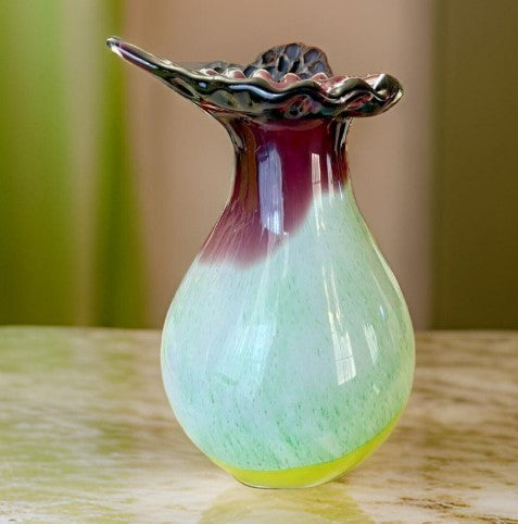 Vintage Hand-Blown Art Glass Vase Amethyst to Green Ruffle Top Heavy 9lbs