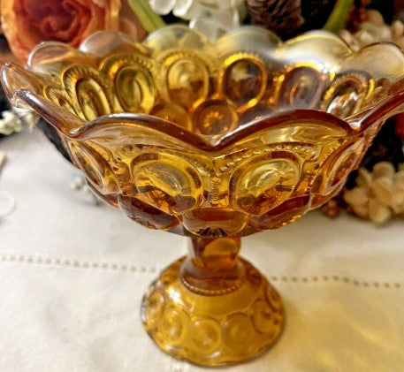 Vintage LE Smith Glass Amber Moon & Stars Scalloped Pedestal Candy Dish Compote