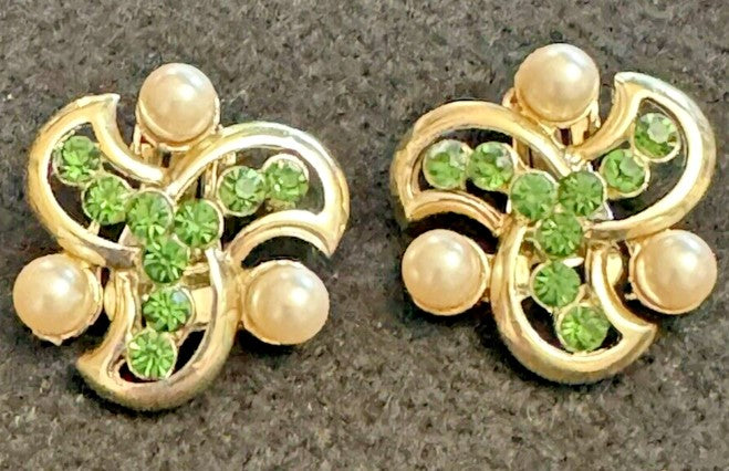 Marhill Earrings  goldtone green rhinestone and pearl  clip on