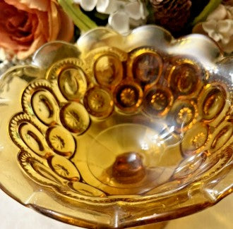 Vintage LE Smith Glass Amber Moon & Stars Scalloped Pedestal Candy Dish Compote