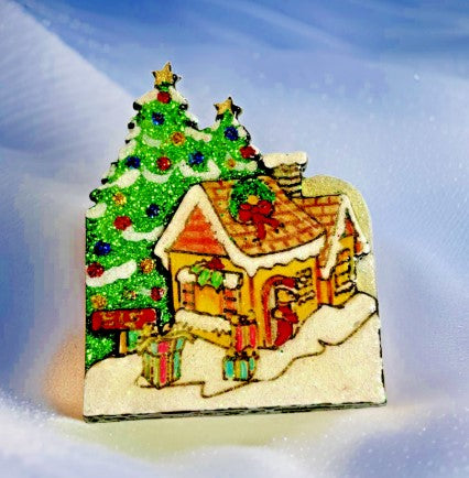 Brooch, enamel christmas house signed Summy DM