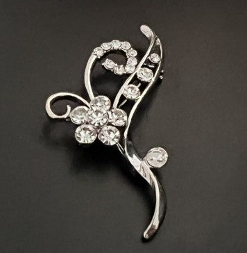 Brooch - vintage white rhinestone and silver brooch 2.5 inches