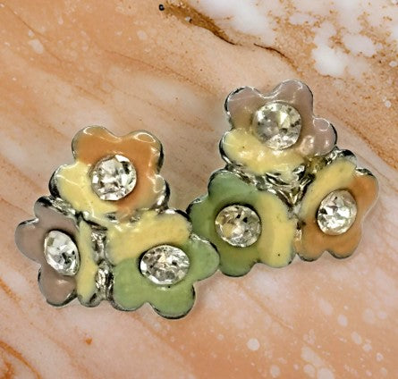 Earring enamel flower rhinestone studs  vintage 0.5 inches