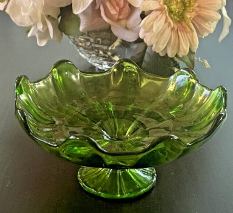 Vintage Viking Green Glass Small Pedestal Bowl MCM New Martinsville Pattern