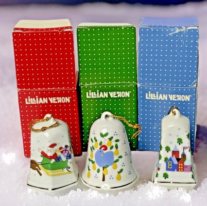 Porcelain Christmas Bell Ornaments Set (3) With Boxes 1988 Lillian Vernon 2”