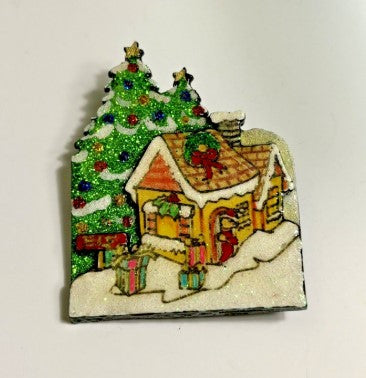 Brooch, enamel christmas house signed Summy DM