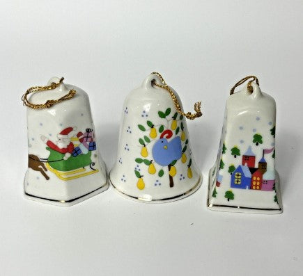 Porcelain Christmas Bell Ornaments Set (3) With Boxes 1988 Lillian Vernon 2”