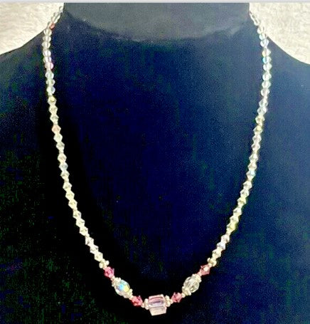 Aurora Borealis Crystal Necklace  18 Inches with pink  crystals