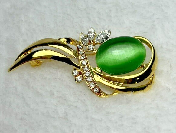 Brooch- Green Cats Eye and Rhinestone Brooch