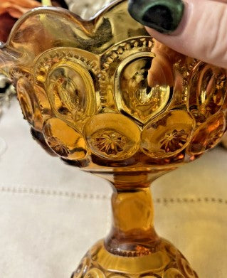 Vintage LE Smith Glass Amber Moon & Stars Scalloped Pedestal Candy Dish Compote