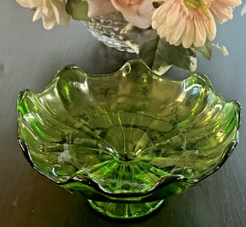 Vintage Viking Green Glass Small Pedestal Bowl MCM New Martinsville Pattern