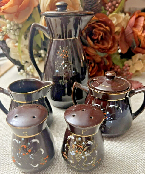 Moriage Redware chocolate teapot SET Brown salt pepper cream sugar vtg