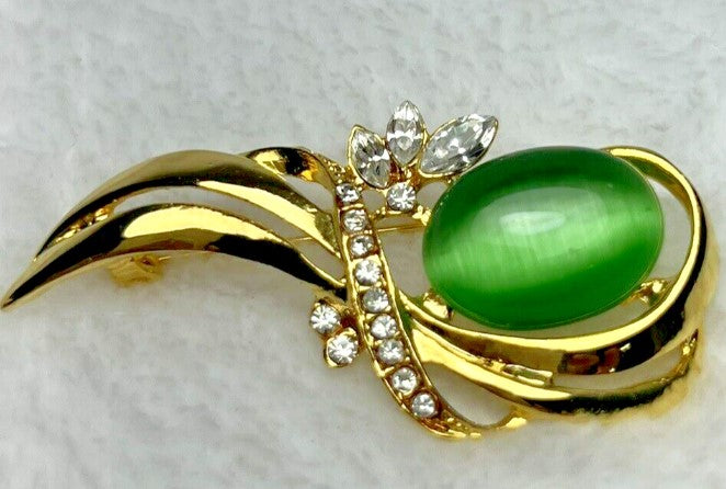 Brooch- Green Cats Eye and Rhinestone Brooch