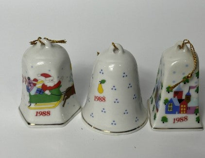 Porcelain Christmas Bell Ornaments Set (3) With Boxes 1988 Lillian Vernon 2”