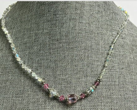 Aurora Borealis Crystal Necklace  18 Inches with pink  crystals