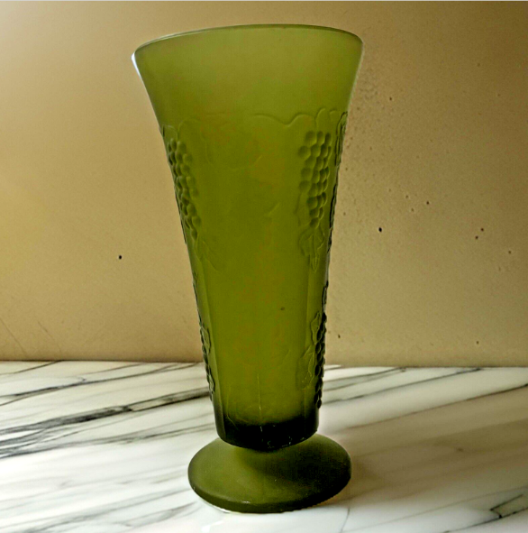 Vintage Green Glass Pedestal Vase with Grape Vines  7.5 inches