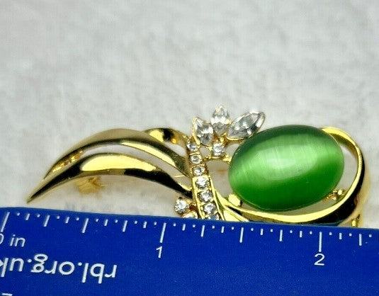 Brooch- Green Cats Eye and Rhinestone Brooch