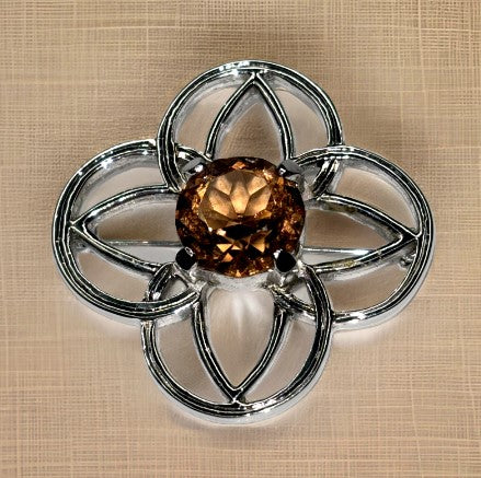 Brooch - Celtic Knot Brooch with large amber glass stone  1.75 Inches