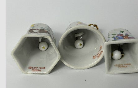 Porcelain Christmas Bell Ornaments Set (3) With Boxes 1988 Lillian Vernon 2”