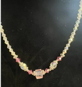 Aurora Borealis Crystal Necklace  18 Inches with pink  crystals