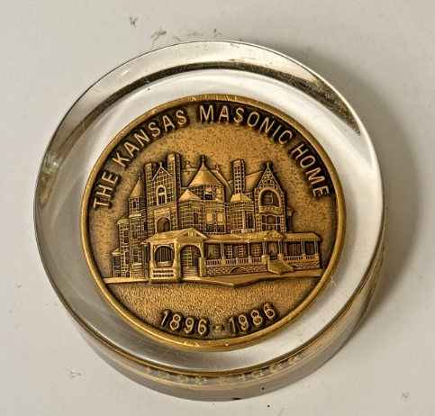 Vintage Wichita, KS Masonic Home paperweight coin, 1896-1986