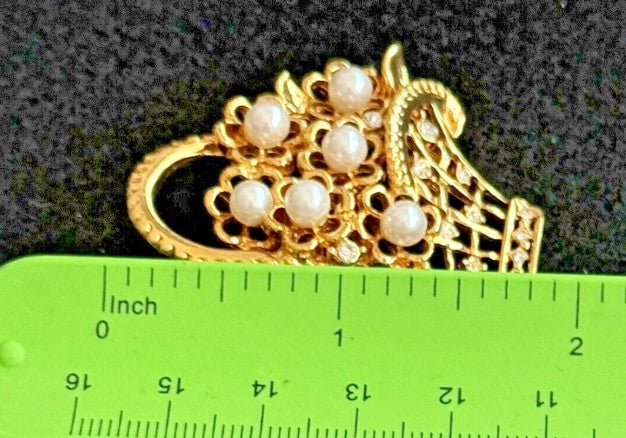 Brooch Napier Basket Goldtone with pearl and rhinestones 2 inches