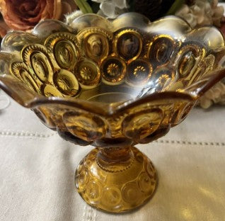 Vintage LE Smith Glass Amber Moon & Stars Scalloped Pedestal Candy Dish Compote