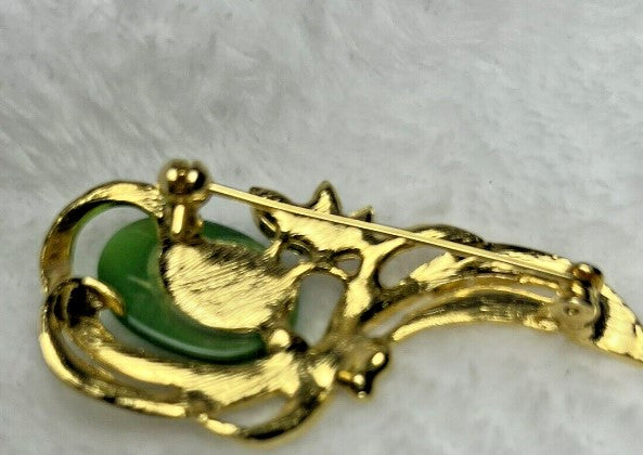 Brooch- Green Cats Eye and Rhinestone Brooch