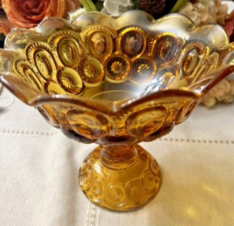 Vintage LE Smith Glass Amber Moon & Stars Scalloped Pedestal Candy Dish Compote