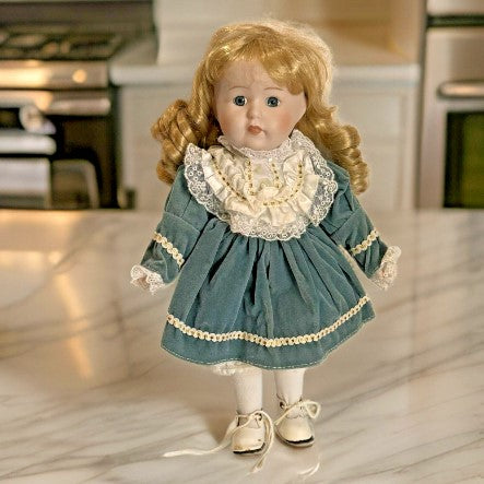 Doll Musical Porcelain blond curly hair -music works 14 inches