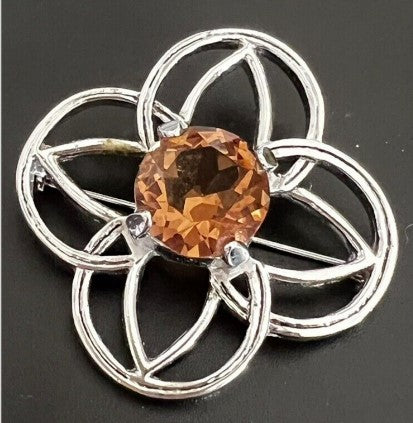 Brooch - Celtic Knot Brooch with large amber glass stone  1.75 Inches