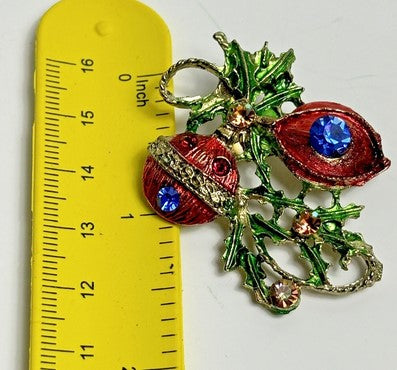 brooch  christmas ornament enamel with blue  rhinestone 1.75 inches