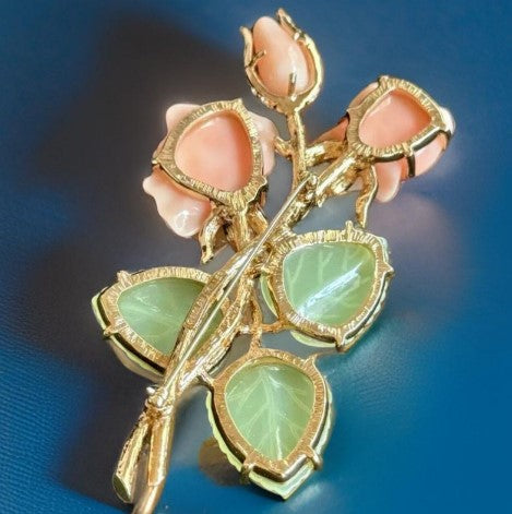 Brooch Nolan Miller Faux Jade and Coral Pin  in box 4 Inches