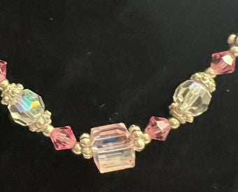 Aurora Borealis Crystal Necklace  18 Inches with pink  crystals