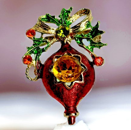 Brooch Vintage Goldtone Red Christmas Ornament  Pin 1.75 inches