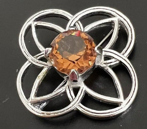 Brooch - Celtic Knot Brooch with large amber glass stone  1.75 Inches